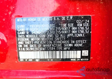 2024 Honda Hr-V Exl z USA, uszkodzony, nr VIN 3CZRZ2H7XRM772584